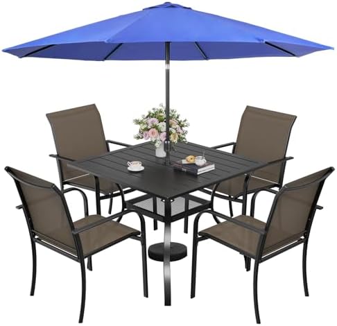 Incbruce 6 Pieces Patio Dining Set with Dark Blue Umbrella, Outdoor Dining Set of 4 Textilene Chairs and Square Table with Umbrella Hole for Backyard, Garden, and Poolside (Brown) by Incbruce
