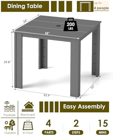 GREENVINES HDPE Outdoor Dining Table w/Umbrella Hole for 4, Gray - Image 2