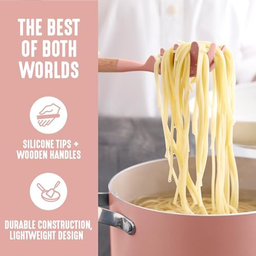 GreenLife 11 Piece Silicone Utensil Crock Set, Nonstick Kitchen Tools, Ladle, Turner, Slotted Turner, Spatula, Spoon, Spaghetti Server, Brush, Whisk, Tongs, Crock, Dusty Pink - Image 5