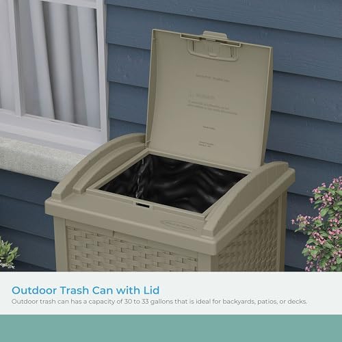 Suncast Wicker Resin Outdoor Hideaway Trash Can with Latching Lid for Use in Backyard, Deck, or Patio, Dark Taupe - Image 4