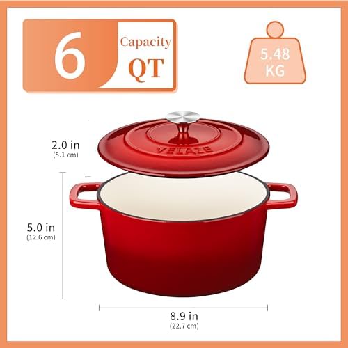 Velaze 6 QT Enameled Cast Iron Dutch Oven Pot with Lid, Red - Image 6
