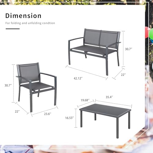 Shintenchi 4 Pieces Patio Furniture Set All Weather Textile Fabric Outdoor Conversation Set, with Glass Coffee Table, Loveseat, 2 Single Chairs for Home, Garden, Lawn, Porch（Gray） - Image 6