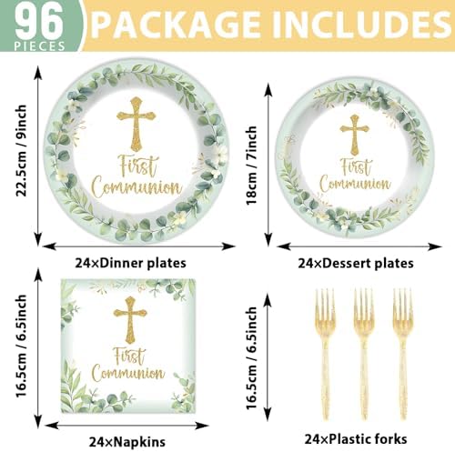 First Communion Party Plates Napkins Green God Bless Baptism Tableware Set Mi Bautizo Dinnerware Eucalyptus Leaf Disposable Paper Plate Fork for Christening Religious Baby Shower Supplies Serve 24 - Image 2