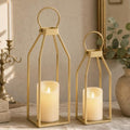 Perfnique Modern Farmhouse Lantern Decor, 15'' 12.6'' Set of 2 Gold Metal Lanterns, 2 LED 6hr Timer Flameless Candles ＆ Remote Timer, Lanterns Decorative for Outdoor, Porch, Fireplace, Patio by PERFNIQUE