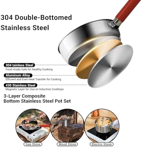 Camping Cookware Set 304 Stainless Steel Cooking Pots Pan Set with Travel Tote Bag for Camping Outdoor Kitchen Cooking Picnic for 4-6 - Image 3