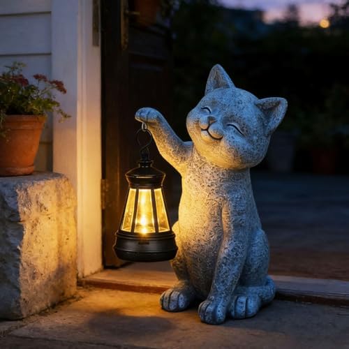 Cat Garden Statue Decorations Outdoor,Solar Resin Figurine with Hanging Lantern Outdoor Decor(cat2) by solarstatue