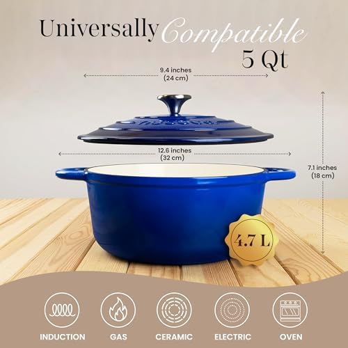 Cast Iron Pot with Lid-Non-Stick Ovenproof Enamelled Casserole Pot, Oven Safe up to 500° F-Sturdy Dutch Oven Cookware - Dark Blue, 5-Quart, 24cm by- Nuovva - Image 2
