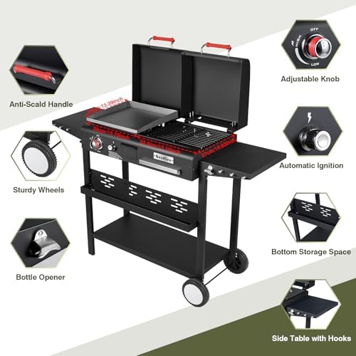 Propane Gas Griddle Charcoal Grill Combo Flat Top Griddle W/Dual Lids & 2 Side Shelves Dual Fuel BBQ Grill for Outdoor Barbecue - Image 3