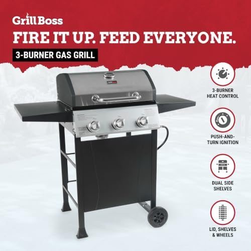 Grill Boss 3 Burner Propane Gas Grill, Portable BBQ, Lid, Wheels & Shelves - Image 3