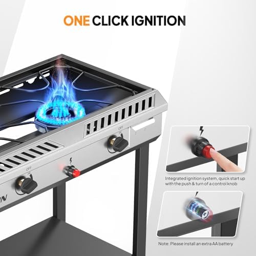 ROVSUN 2 Burner Outdoor Propane Gas Stove with Auto-ignition, Regulator & Shelf, 150,000 BTU Powerful Stand Cooker for Backyard Patio Cooking Home Brewing Canning Turkey Frying - Image 3