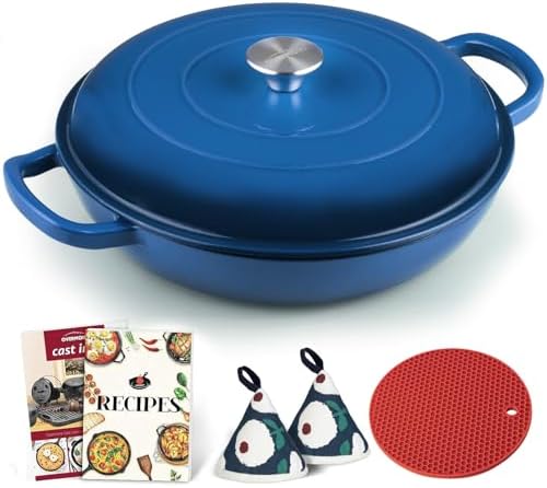 Overmont Enameled Cast Iron Dutch Oven - 3.8 QT Shallow Braiser with Recipe by Overmont