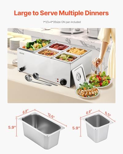 VEVOR 24QT Commercial Food Warmer, 5-Pan Electric Steam Table, 1200W Professional Countertop Stainless Steel Buffet Bain Marie with 86-185°F Temp Control for Catering, Buffet, Parties, Restaurants - Image 2