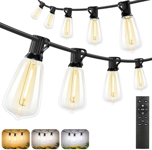 Brightever 3 Color in 1 Outdoor String Lights with Remote, 150FT LED String Lights for Outside with 47 ST38 Vintage LED Bulbs, Waterproof IP65 Outdoor Light for Patio, Bistro, 2700K/4000K/5000K by Brightever