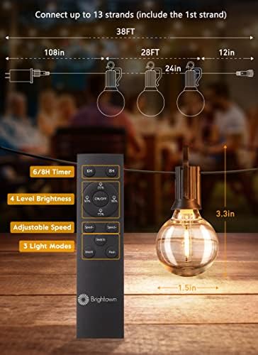 Brightown Outdoor String Lights, 38FT 15 Shatterproof LED Bulbs with Remote, Waterproof Dimmable Patio Hanging Lamps for Porch, Balcony, Bistro, Cafe, Deck, Backyard - Image 2