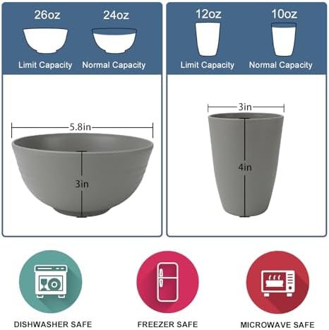 Wrova 40Pack plates and bowls sets for kitchen - Unbreakable wheat straw dinnerware sets service for 8 - Alternative plastic 40pcs dish sets for picnic,camping and R.V. - (Grey) - Image 3