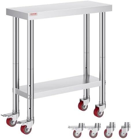 VEVOR Stainless Steel Work Table 30 x 12 x 34 Inch, 700 LBS Load Capacity with 4 Wheels, 3 Adjustable Height Levels, Heavy Duty Food Prep Worktable for Commercial Kitchen Restaurant, Silver by VEVOR