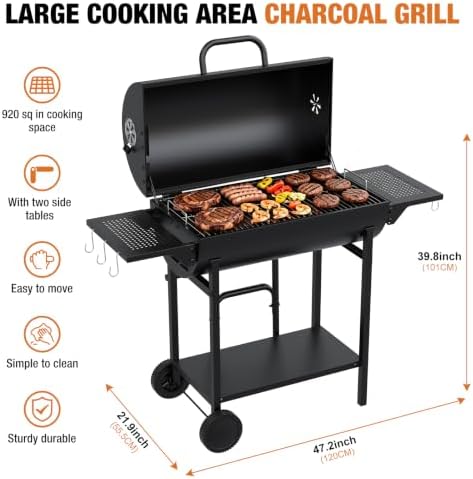 Charcoal Grill, 920 Sq. In. Extra Large Cooking Space, Big Barbecue Grill, Two Cooking Modes, Outdoor Barrel BBQ Grill with 2 Foldable Side Tables, Black - Image 2