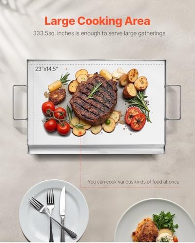 VEVOR Stainless Steel Griddle, 23x16 inch Universal Flat Top Rectangular Plate, Gas Grill Griddle for BBQ Grill, Teppanyaki, Portable Family Cookware with Handle, for Camping Tailgating Party - Image 4