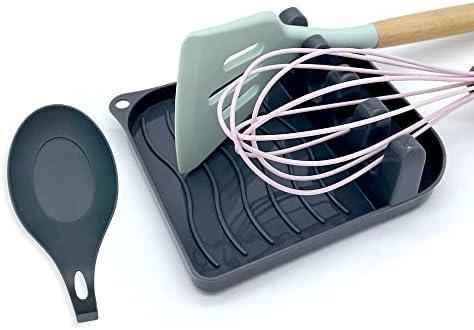 2 Pack Multiple Utensil Spoon Rest with Drip Pad Non-Slip Heat Resistant Kitchen and Grill Spoon Holder for Spatula, Ladle, Tongs, Kitchen Gadgets, and Cooking Accessories (Silver Gray) by LSVGOEDirect