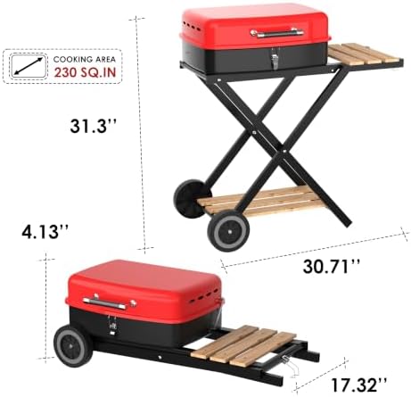 TEENO Charcoal Grill with Wheels | Folding BBQ Grill with Wooden Side Table & Bottom Storage Shelf | 2-in-1 Detachable Tabletop Smoker for Camping Picnic Patio Backyard | Portable Suitcase - Image 3