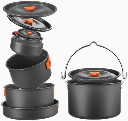 Collapsible Camping Cookware Set, Portable 4-in-1 Outdoor Camping pots and Pans Set with Nonstick Frypan, Pot, Kettle & Carry Bag, Hard-Anodized Aluminum for Camping, Hiking (2-6 Person) by TianGang