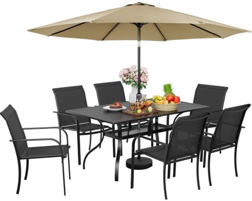 Incbruce 7 Pcs Patio Dining Set, Textilene Chairs and Rectangle Table with Brown Umbrella (Black) by Incbruce