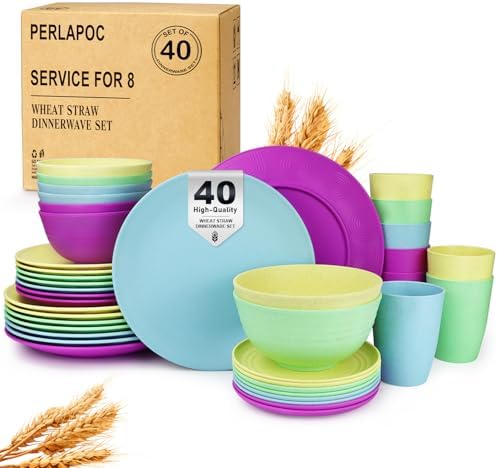 Kitchen Wheat Straw Dinnerware Set | Service for 8 | Unbreakable Dinnerware Set Plates and Bowls Sets Dinner Plates Dessert Plate Drinking Glasses Cereal Bowls Kitchen Dishes Sets - Memphis by Perlapoc