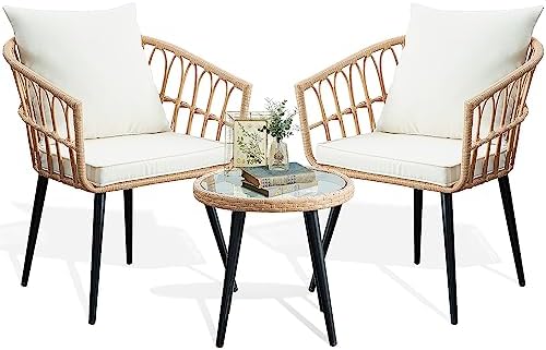 PORWEY 3 Piece Patio Bistro Set, Outdoor Wicker Balcony Furniture Sets by PORWEY
