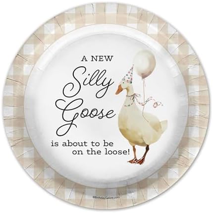 Birthday Galore Silly Goose Baby Shower - 32 Piece Disposable Party Supplies - Beige Gingham Baby Shower Decorations - Round Party Plates - Large 9" Paper Plates In Bulk - Image 3