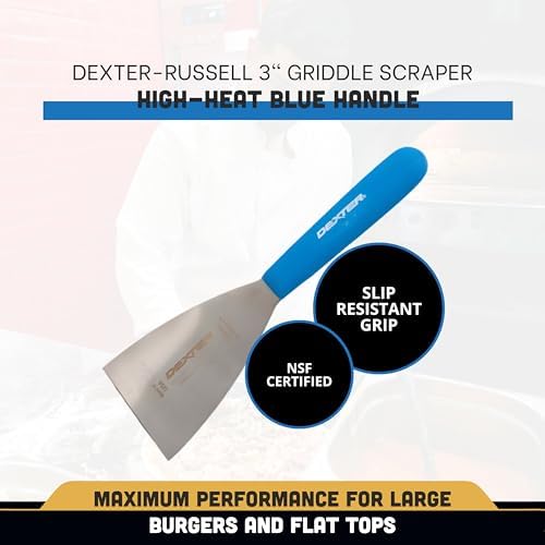 Dexter Russell 19603H Griddle Scraper, 12-1/2" Overall Length with 3" Stiff Stainless Steel Blade, Textured Polypropylene Blue Handle, Heat Resistant up to 500°, Flat Top Tool, Made in USA - Image 2