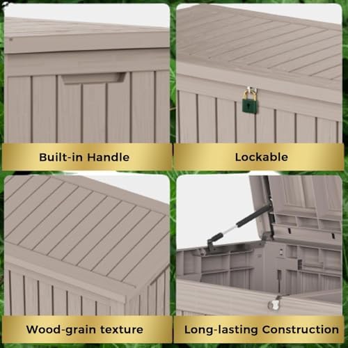 Outdoor Storage Box, 180 Gallon Waterproof Deck Box, Piston-Lift Tall Standing Cabinet for Oversized Cushions, Lockable Deep Tool Organizer Storage Bench, Large Lawn, Grey - Image 6