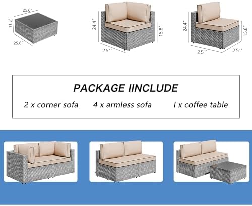 Shintenchi 7 Piece Outdoor Patio Furniture Set with Silver PE Rattan, Khaki - Image 4
