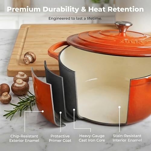 Zulay Kitchen 5 Quart Enameled Cast Iron Dutch Oven Pot with Lid – Premium Durability & Oven Safe up to 500°F – Heavy Duty Cookware Perfect for Bread Baking, Stews, Braising & Roasting – Orange - Image 5