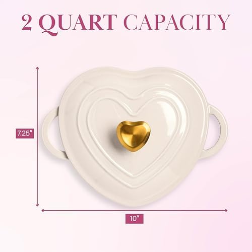 Paris Hilton Enameled Cast Iron Dutch Oven Pot with Lid, Heart-Shaped Dutch Oven, Durable Cast Iron Pot with Dual Handles, Oven Safe to 500°F, Works on All Stovetops, 2-Quart, Cream - Image 3