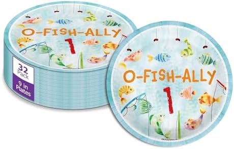 Ofishally One Fishing 1st Birthday Party Supplies Large 9" Paper Plates in Bulk 32 Piece by BirthdayGalore