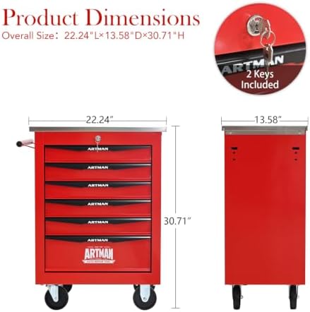 6-Drawer Heavy-Duty Rolling Tool Chest with Wheels & Steel Roof, Lockable Tool Chest Storage Cabinet for Garage, Workshop, Warehouse, and Repair Shop - Image 3