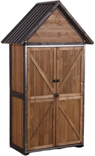GUTINNEEN Outdoor Storage Cabinet, Upgraded with Durable Front Metal Frame Garden Shed Tool Storage Cabinet with Wooden Floor Adjustable Shelfs 2.5 x 1.4FT （Brown） by GUTINNEEN