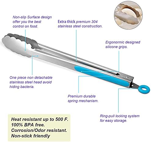 Premium 304 Stainless Steel Tongs Set – 12" Grill Tongs & 9" Cooking Tongs, Heat Resistant up to 600°F, Wavy Grip Head, Non‑Slip Handle with Locking Clip & Hanging Loop, Dishwasher Safe, Blue - Image 5