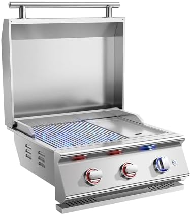 26 Inch BBQ Head Griddle Grill Combo for Barbecue Island, Liquid Propane Bulit-in Grills for Outdoor Kitchen,3 * 14,000 BTU， 3-Burner, Premium 304 Stainless Steel, Convertible to Natural Gas by Livory