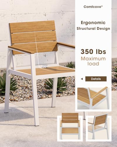 Outdoor Dining Table, Aluminum Patio HDPS Outdooor Table with Umbrella Hole, All Weather Patio Furniture Set, Patio Dining Table (White & Teak) - Image 5