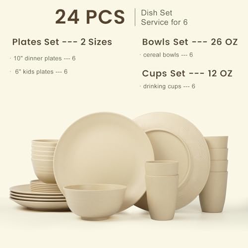 Homienly 24 PCS Premium Wheat Straw Dishes Set for 6, Reusable Plates and Bowls Sets,Cups,Lightweight & Unbreakable Dishwasher and Microwave Safe Dinnerware Sets for Kitchen,Outdoor- Beige - Image 2