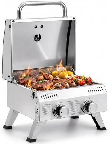 ROVSUN 2 Burner Portable Gas Grill, 20000 BTU Outdoor Tabletop Propane Grill with Ignition, Built-in Thermometer & Full Stainless Steel Body for Patio Garden Backyard Camping BBQ Picnic by ROVSUN