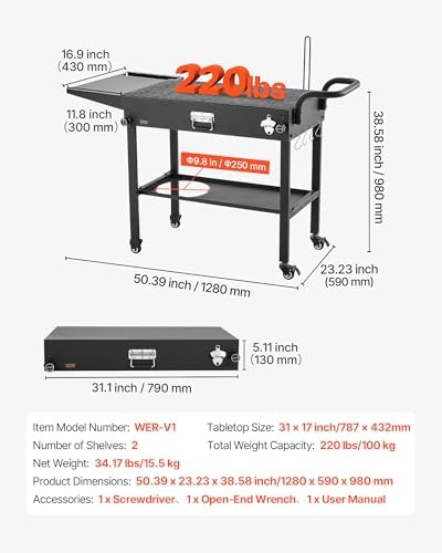 VEVOR Outdoor Grill Cart, 31.0 x 17.0 inch Tabletop Size Grilling Table, Foldable Outdoor Cooking Table with Tissue Holder, Hooks, Wheels, Side Table, BBQ Prep Tables for Picnic, Kitchen, Courtyard - Image 3