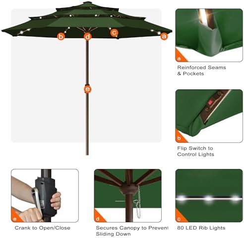 EliteShade USA 10-Year-Non-Fading 10ft 3-Tier Market Patio Umbrella, Commercial Table Umbrella with 80 Solar LED Lights, Crank Open, Windproof & UPF 50+ UV Protection for Garden, Deck, Pool, Backyard, No Tilt, Fern - Image 5