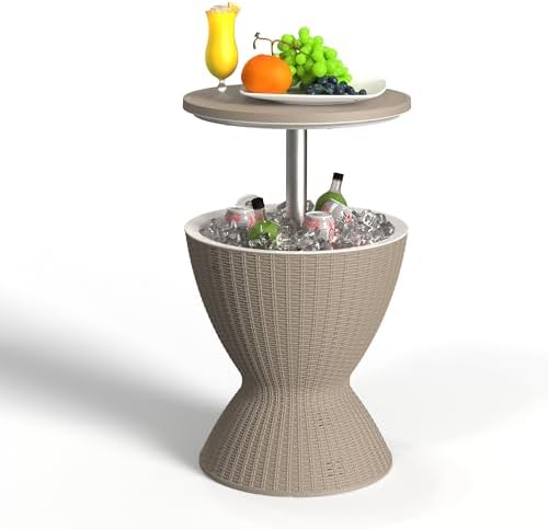 EasyUp Outdoor Cooler Bar Table – 8 Gallon Outdoor Patio Cooler Table with Drain Plug, Adjustable Height Rattan-Style Resin Cool Bar for Poolside, Deck, BBQ & Parties (Grey) by EASYUP