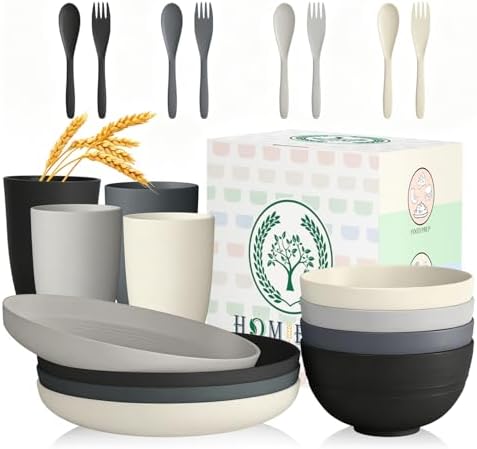 Homienly Unbreakable Wheat Straw Dinnerware Sets, Plastic Plates and Bowls Sets Alternative 20 PCS, Microwave & Dishwasher Safe Dish Set for Kitchen, Camping, Kids, Apartment, Lightweight(Grey Stone) by HOMIENLY
