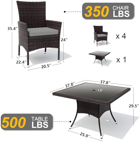 Gotland 15 Piece Outdoor Dining Set, All-Weather Rattan Patio Furniture Set with Umbrella Hole Tempered Glass Square Table, Outdoor Table and Chairs with Removable Cushions for Backyard, Deck Grey - Image 2