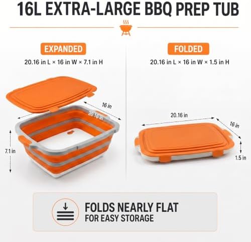 Collapsible BBQ Prep Tub with Lid & Integrated Cutting Board, 16L XL Meat Marinating Basin with Drain Plug, Foldable Grill Prep Station with Heat-Resistant Gloves, Brush & Spatula (X-Large, 16L) - Image 3
