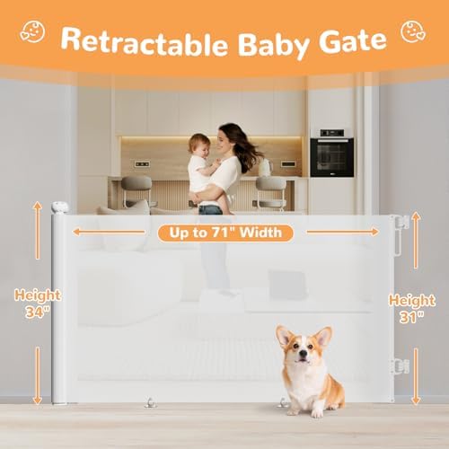 Extra Wide Retractable Baby Gate 34" Tall Fits Up to 71" Wide White - Image 2