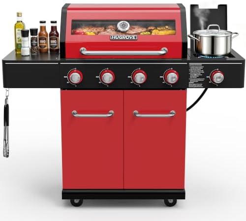 HUGROVE 4-Burner Liquid Propane Gas Grill, 56,000 BTU with Side Burner Red by HUGROVE
